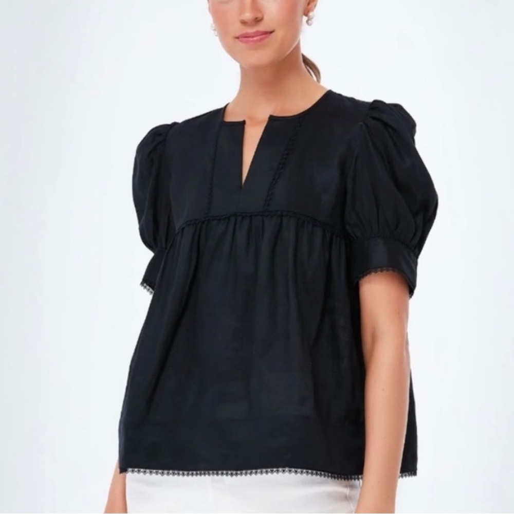Tuckernuck After Hours Indra Linen Puff Sleeve Blouse in Black Size M - Picture 2 of 11